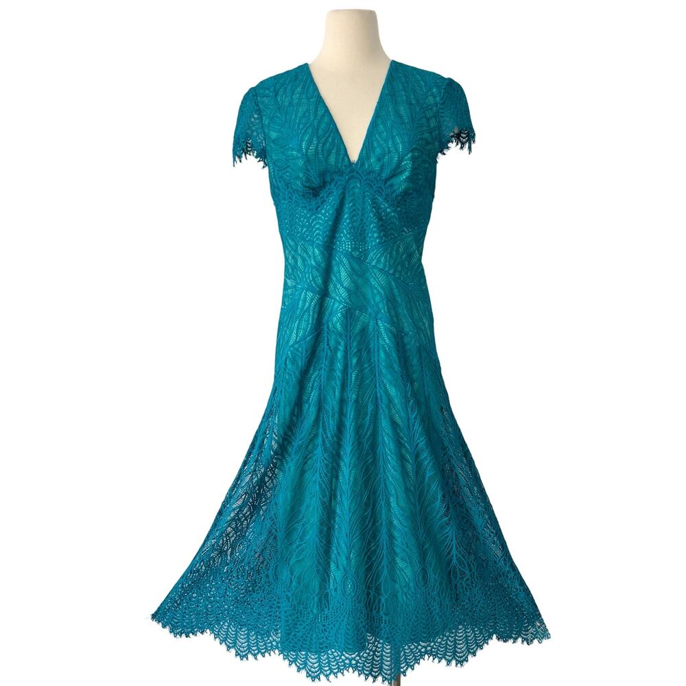 Tadashi Shoji V-Neck Lace Midi Cocktail Dress in Turquoise Peacock Size 8
